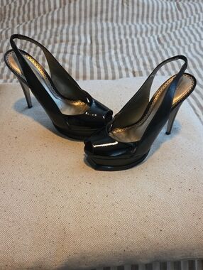 bebe Black Patent Peep-Toe Slingback Pumps